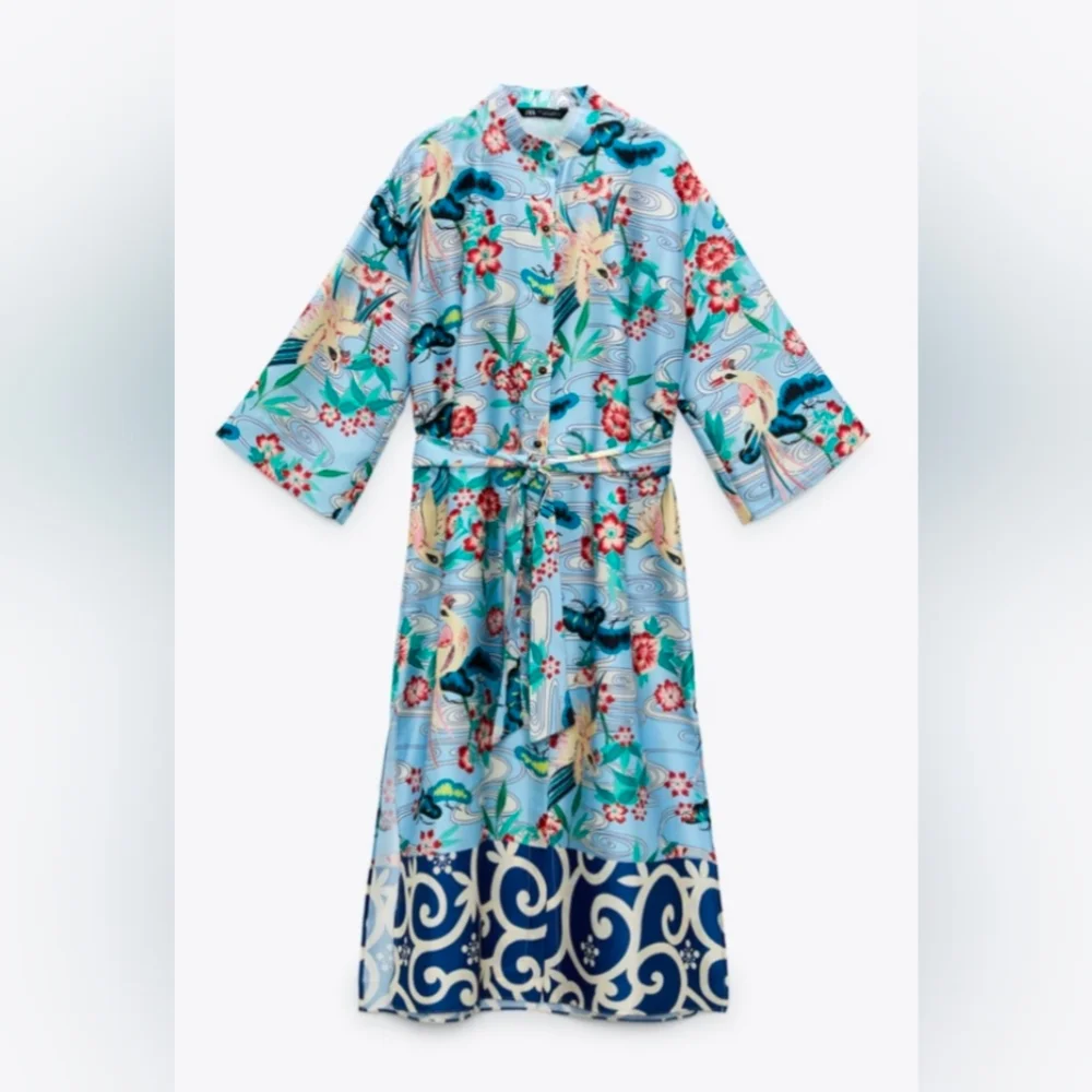 NWT Zara Women's Printed Kimono Blue Shirt Dress With Belt Medium - Picture 2 of 7